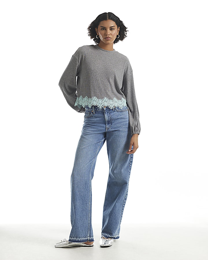 Grey Lace Hem Sweatshirt