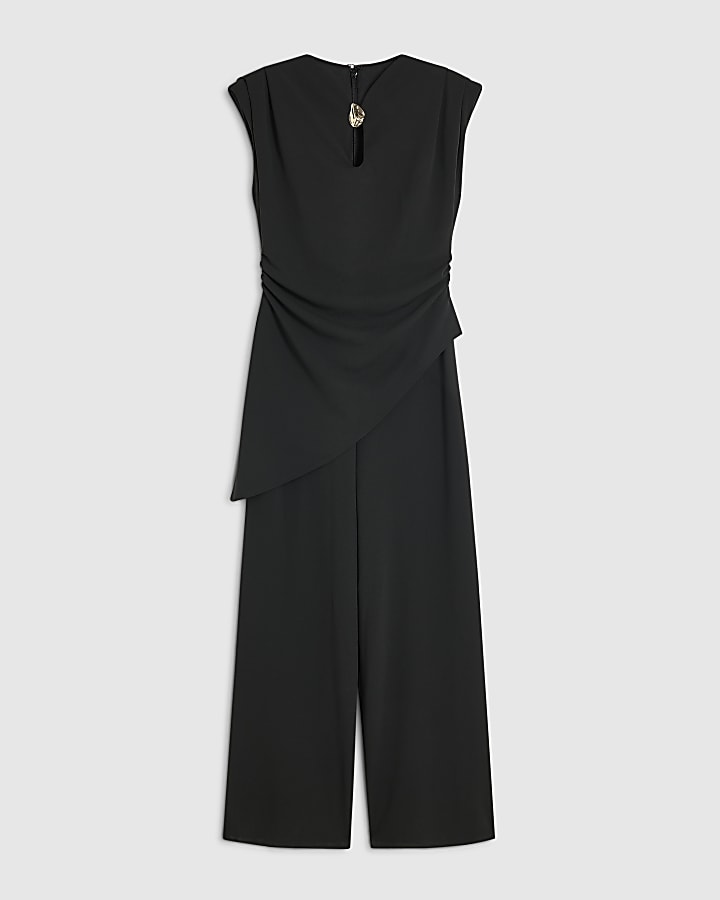 Black Trim Detail Shoulder Pad Jumpsuit