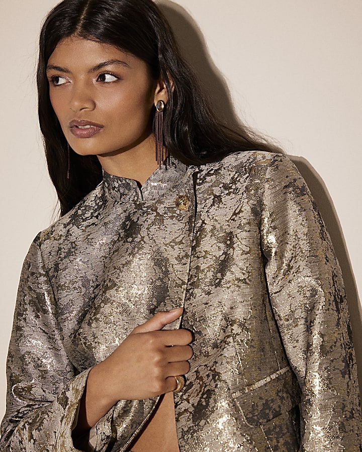 Gold High Neck Jacquard Jacket