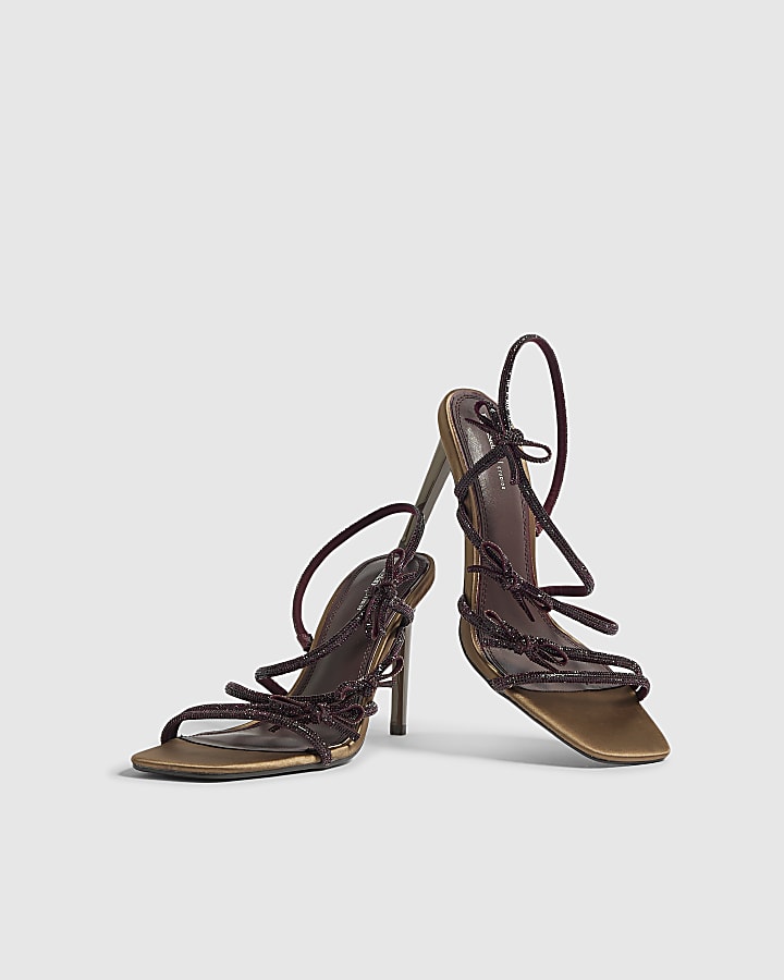 Burgundy Diamante Strappy Heeled Sandals