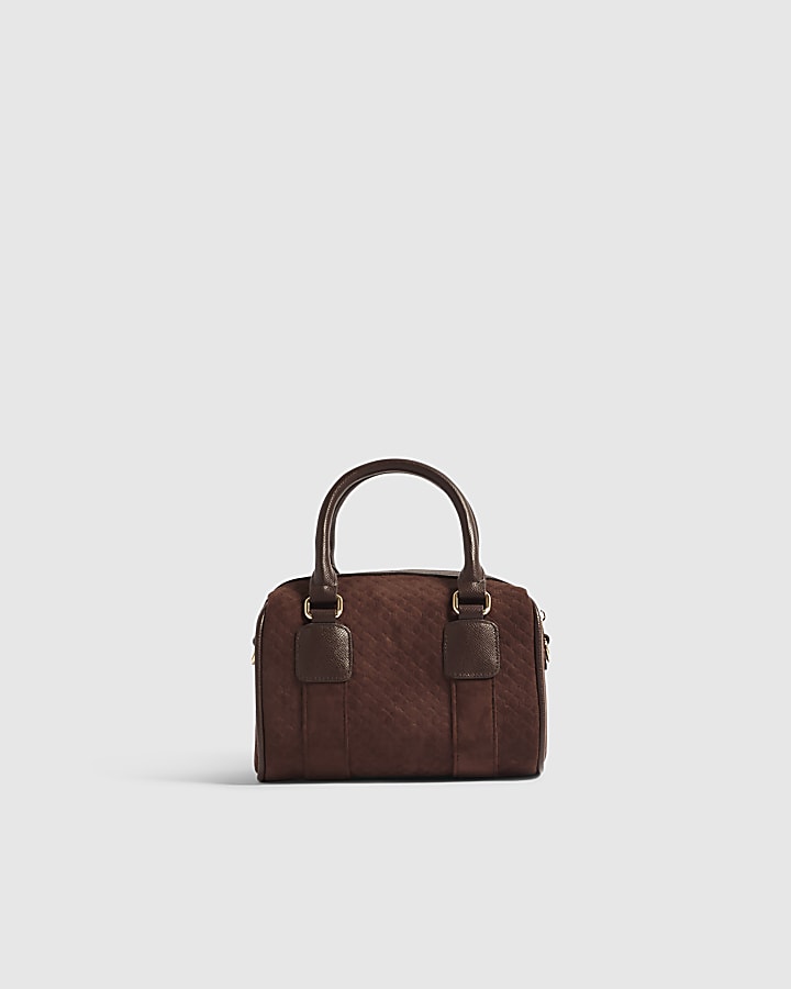 Brown Faux Suede Monogram Boxy Bowler Bag