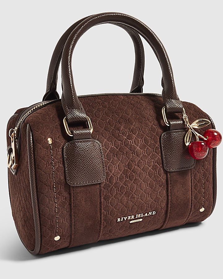 Brown Faux Suede Monogram Boxy Bowler Bag