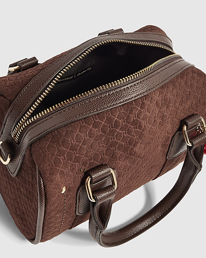 Brown Faux Suede Monogram Boxy Bowler Bag