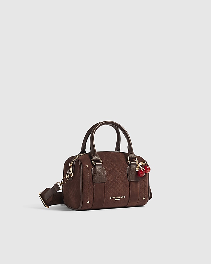 Brown Faux Suede Monogram Boxy Bowler Bag