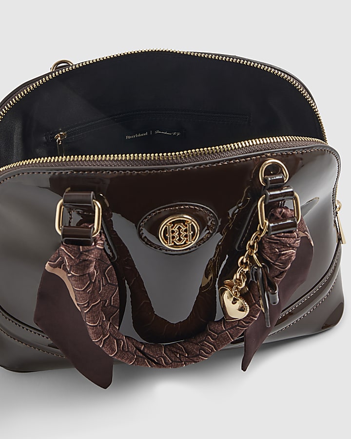 Brown Patent Scarf Handle Crossbody Bag