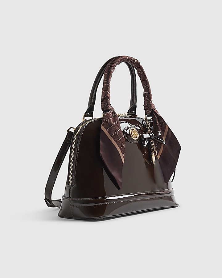 Brown Patent Scarf Handle Crossbody Bag