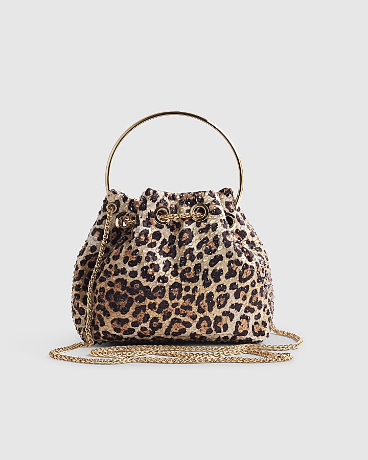Brown Leopard Print Embellished Clutch Bag