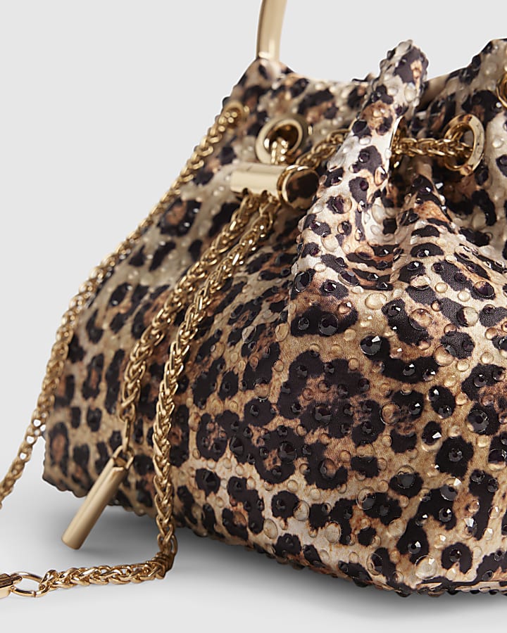Brown Leopard Print Embellished Clutch Bag