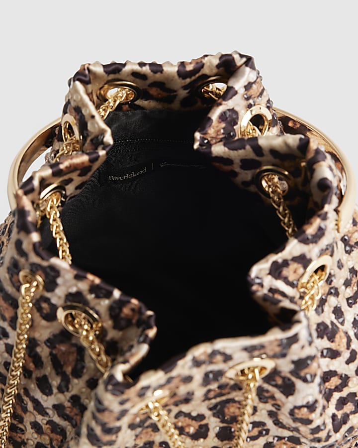 Brown Leopard Print Embellished Clutch Bag