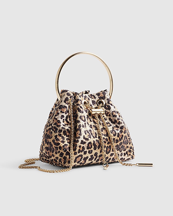 Brown Leopard Print Embellished Clutch Bag