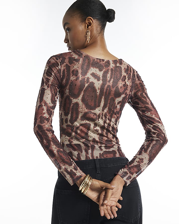 Beige Mesh Leopard Print Embellished Bodysuit