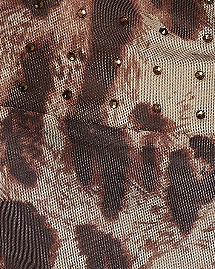 Beige Mesh Leopard Print Embellished Bodysuit