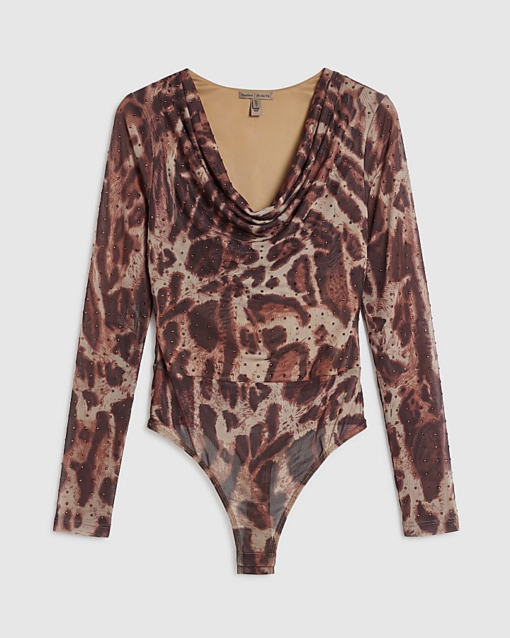 Beige Mesh Leopard Print Embellished Bodysuit