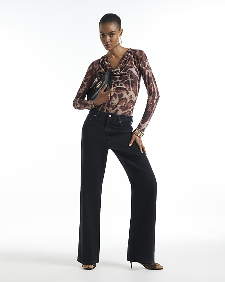 Beige Mesh Leopard Print Embellished Bodysuit