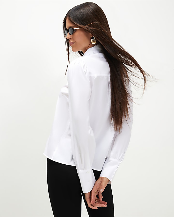 White Cotton Poplin Pussybow Blouse
