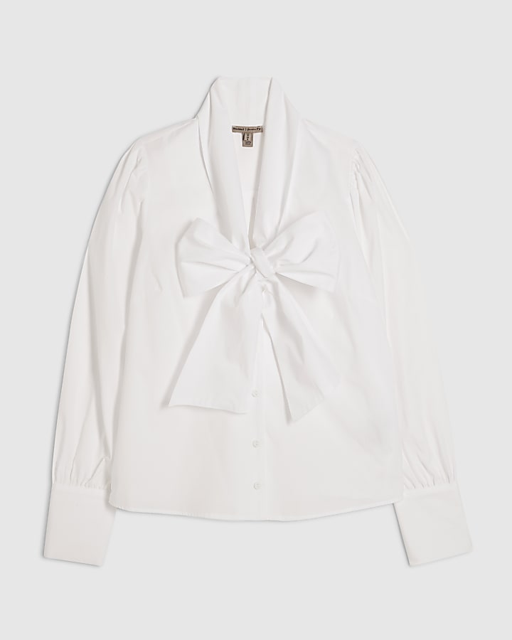 White Cotton Poplin Pussybow Blouse