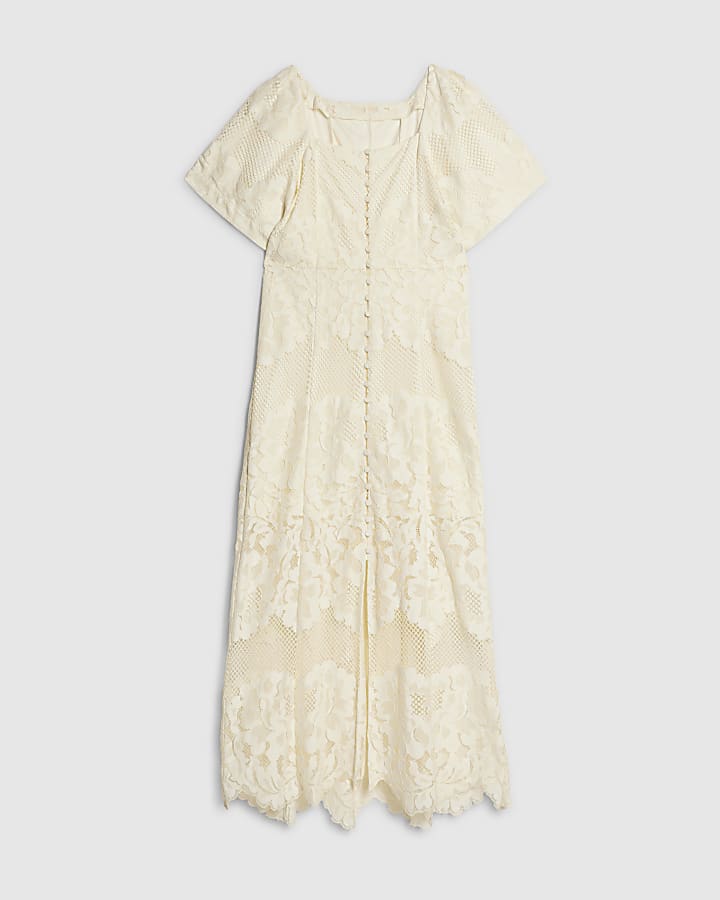 Cream Lace Ruffle Maxi Dress