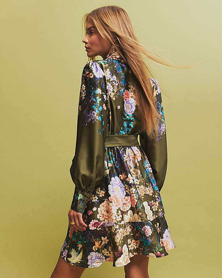 Khaki Floral Wrap Front Mini Dress