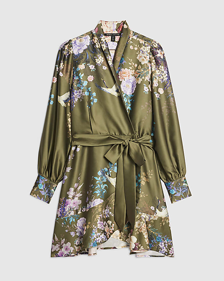 Khaki Floral Wrap Front Mini Dress