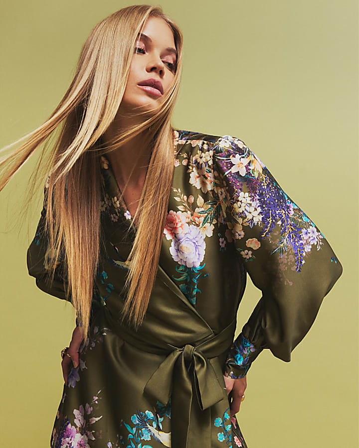 Khaki Floral Wrap Front Mini Dress