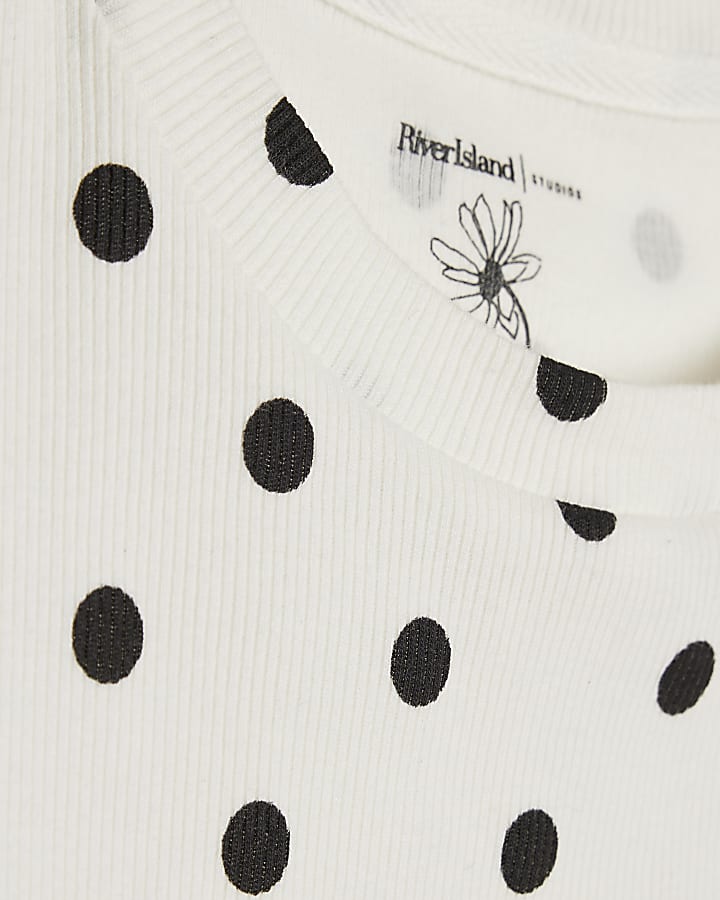 White Polka Dot Fitted Rib T-Shirt
