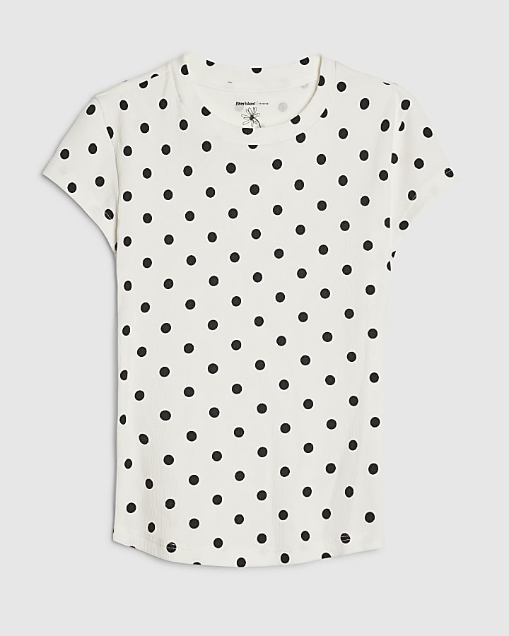 White Polka Dot Fitted Rib T-Shirt