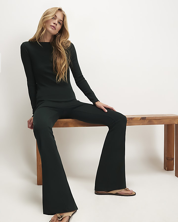 Green Rib Flare Leggings