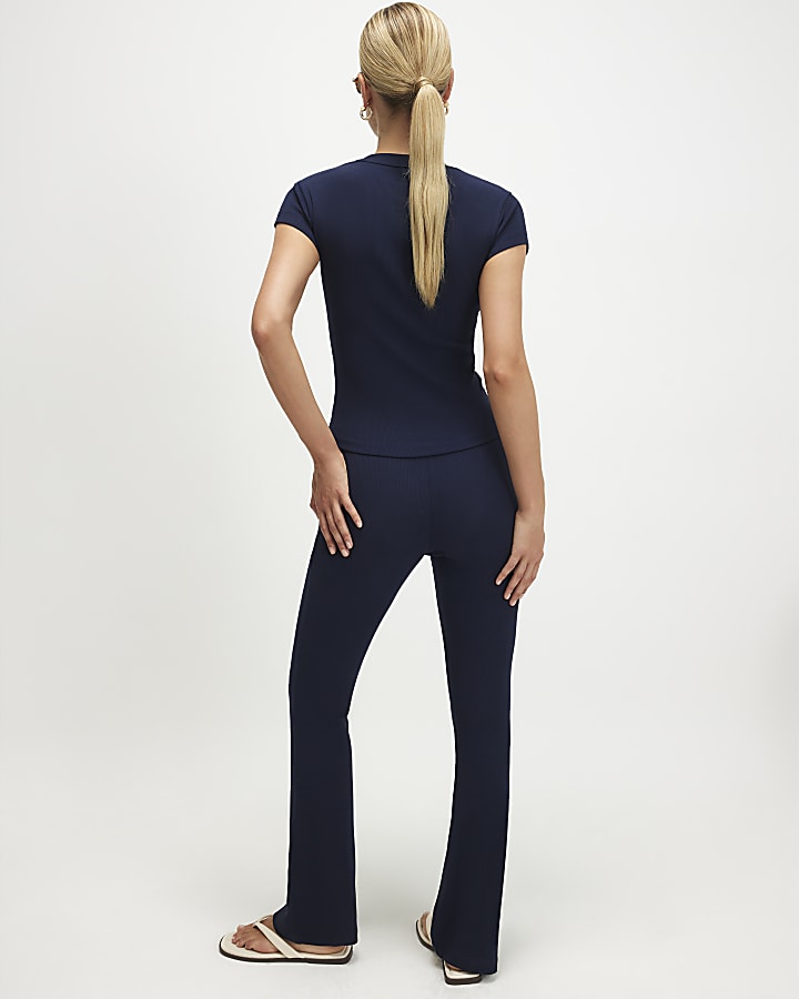 Navy Ribbed Flared Leggings