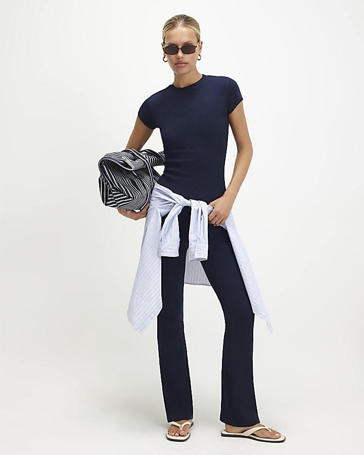 Navy Ribbed Flared Leggings