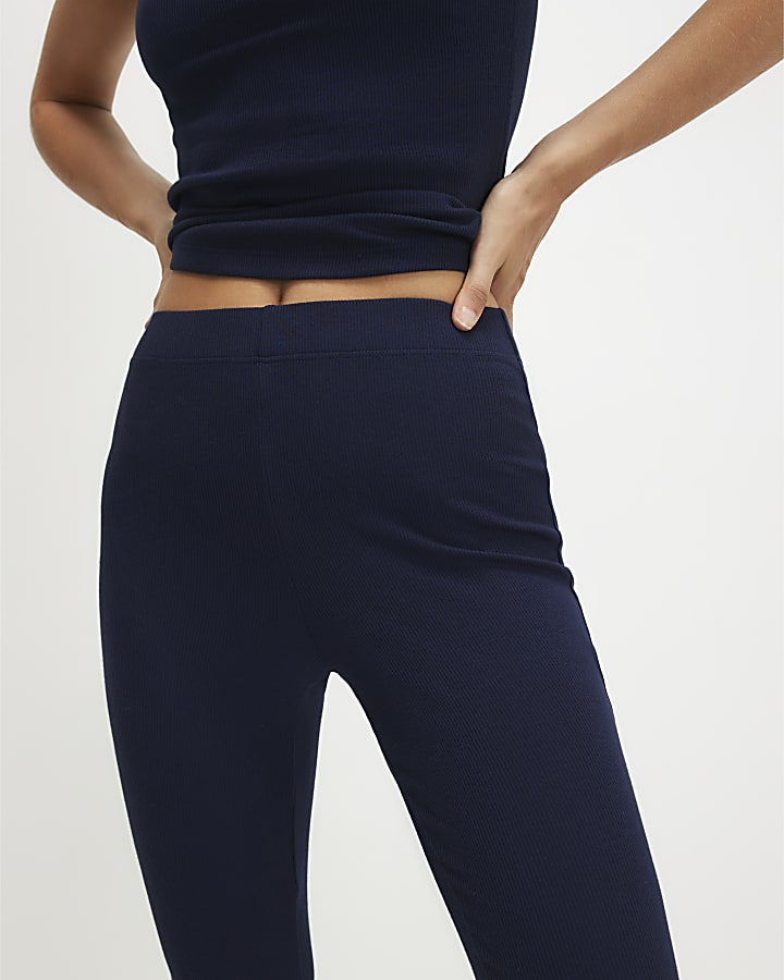 Navy Ribbed Flared Leggings
