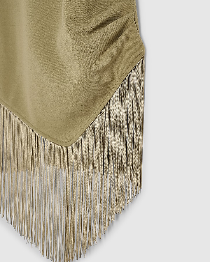 Khaki Asymmetric Fringe Drape Top