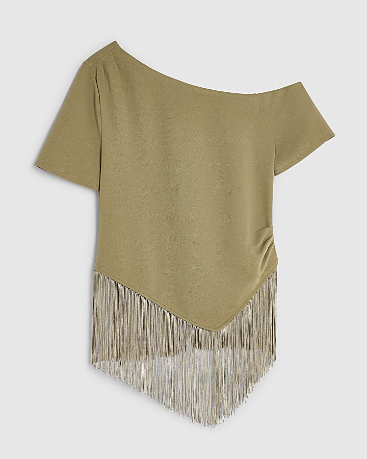 Khaki Asymmetric Fringe Drape Top