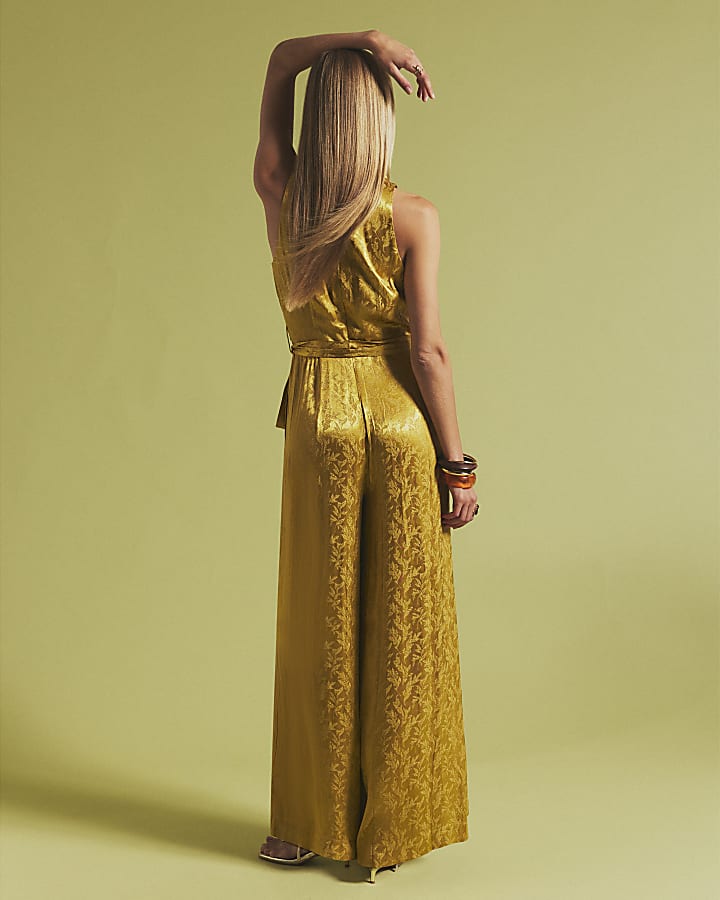 Gold Satin Jacquard Wrap Jumpsuit