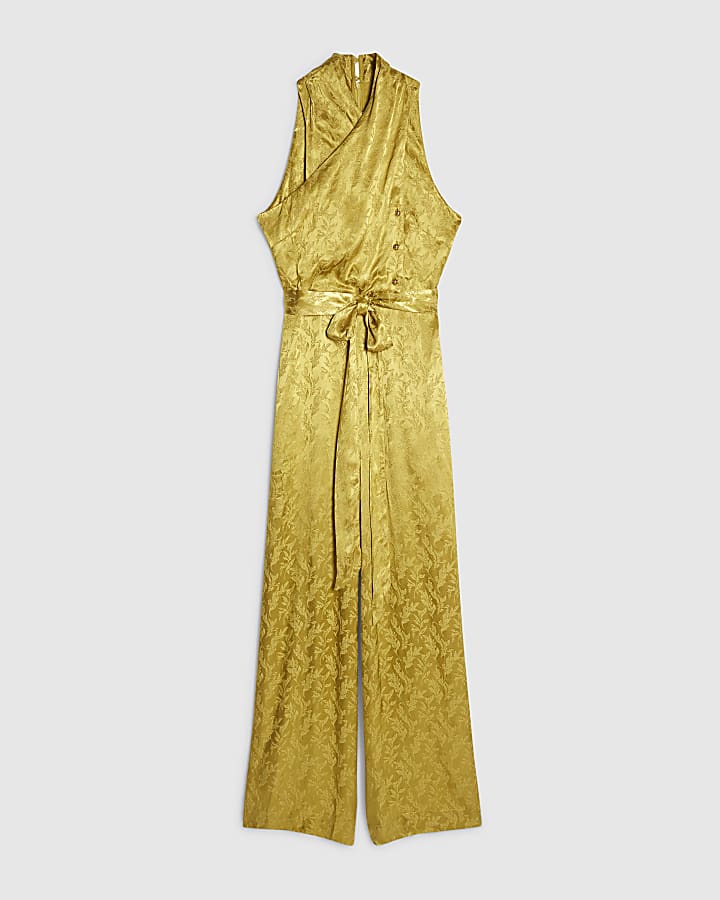 Gold Satin Jacquard Wrap Jumpsuit