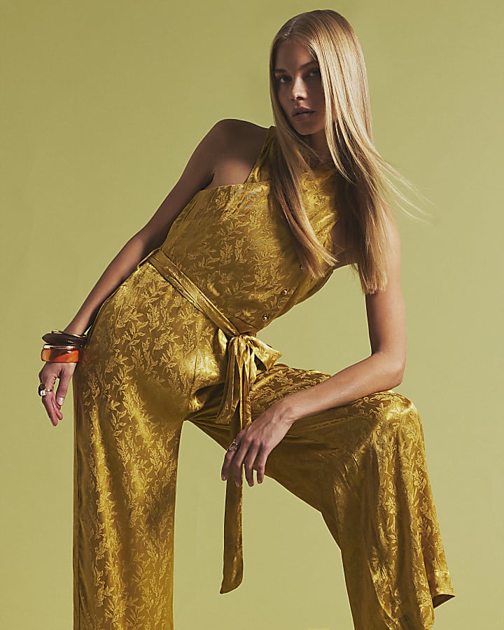 Gold Satin Jacquard Wrap Jumpsuit
