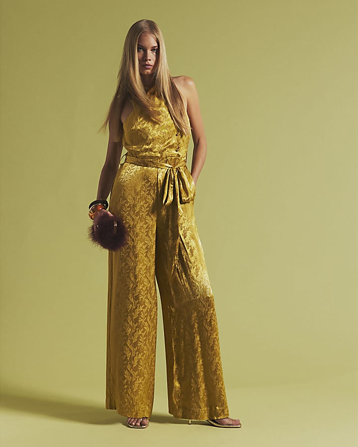 Gold Satin Jacquard Wrap Jumpsuit