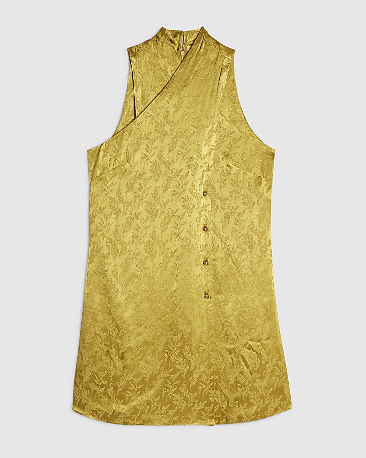 Gold Satin Button Wrap Mini Dress