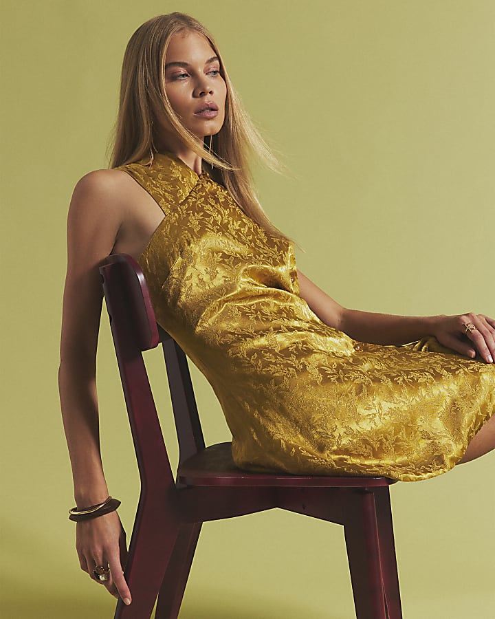 Gold Satin Button Wrap Mini Dress