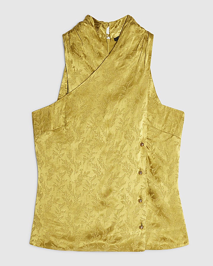 Gold Satin Jacquard Button Wrap Top