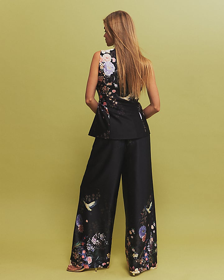 Black Floral Wide Leg Trousers