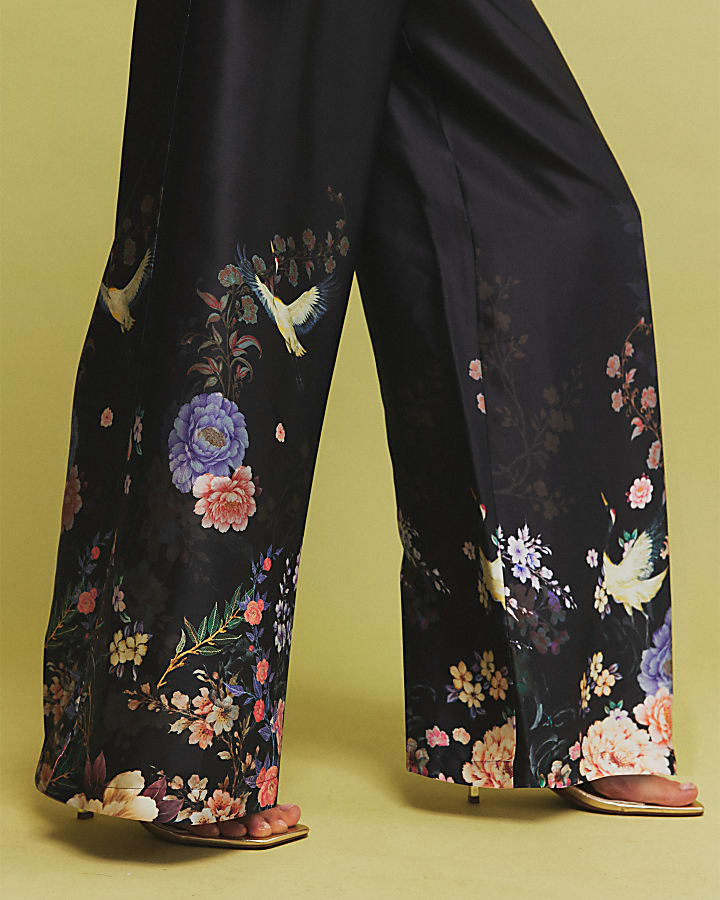 Black Floral Wide Leg Trousers