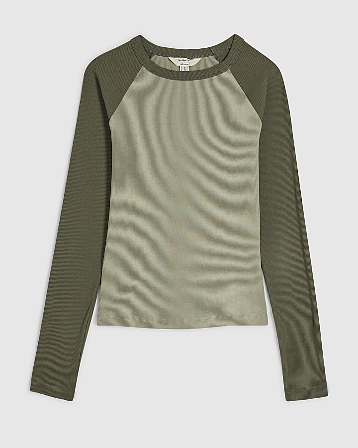 Khaki Baseball Rib Long Sleeve Top