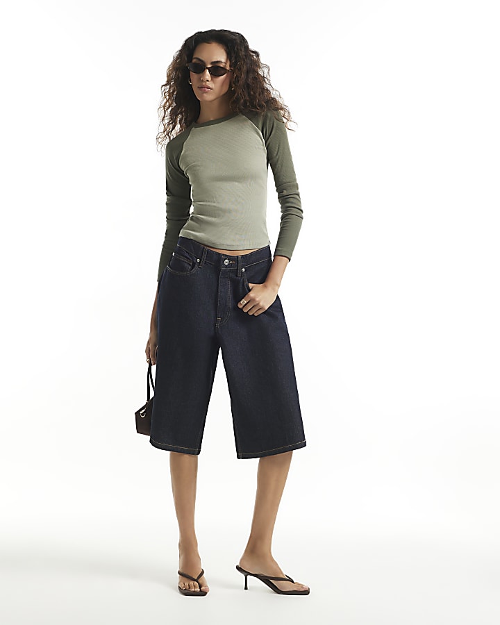 Khaki Baseball Rib Long Sleeve Top