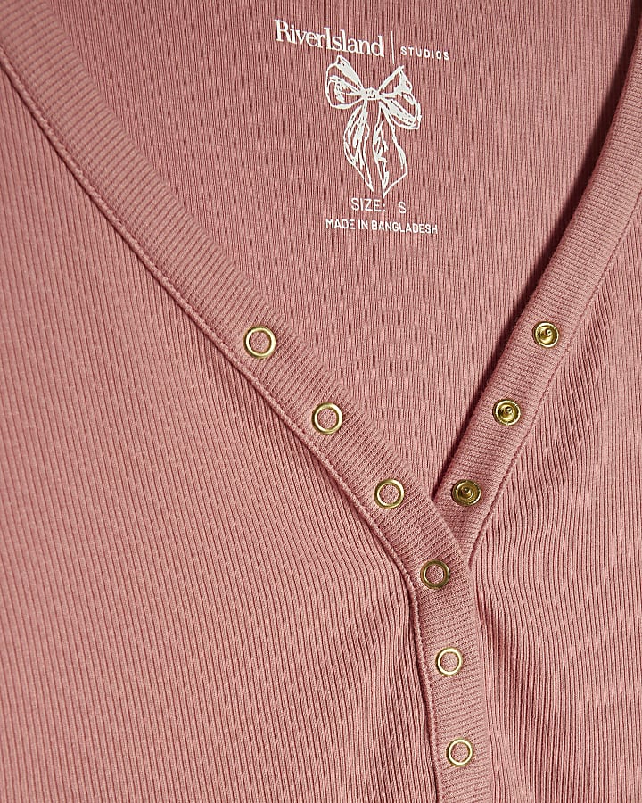 Pink Long Sleeve V Neck Henley Top
