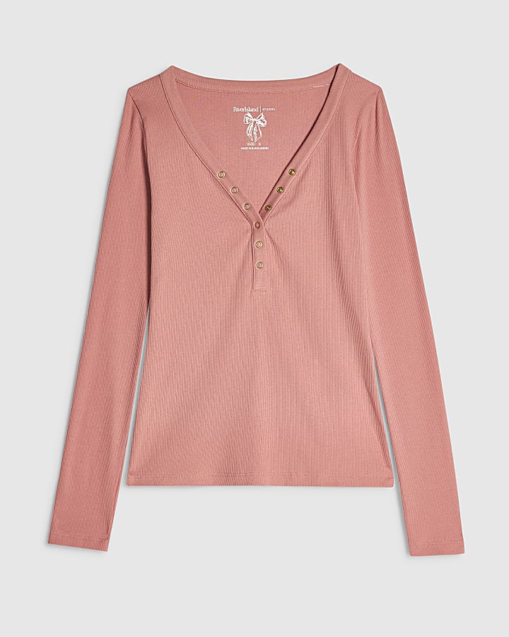 Pink Long Sleeve V Neck Henley Top