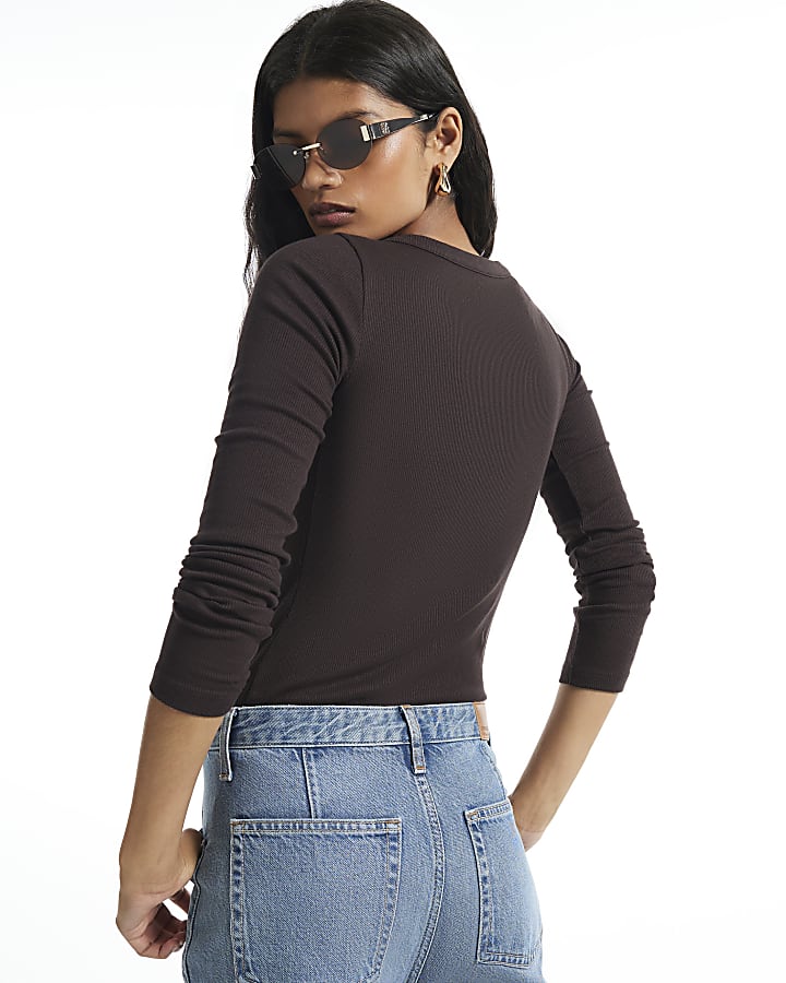Brown Ribbed V Neck Henley Top