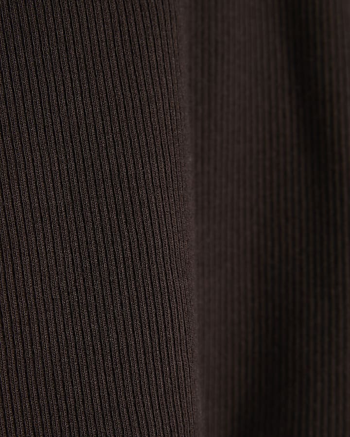Brown Ribbed V Neck Henley Top