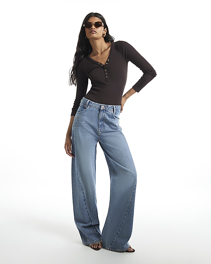 Brown Ribbed V Neck Henley Top