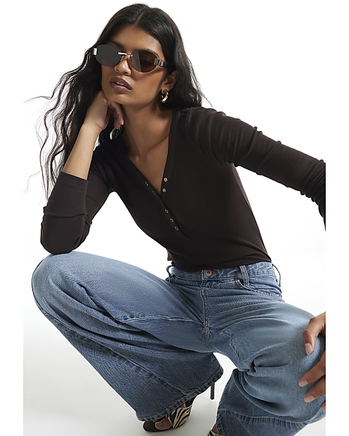 Brown Ribbed V Neck Henley Top