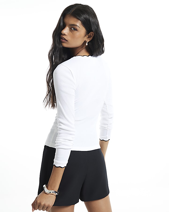 Cream Scallop Ribbed Long Sleeves Cardigan